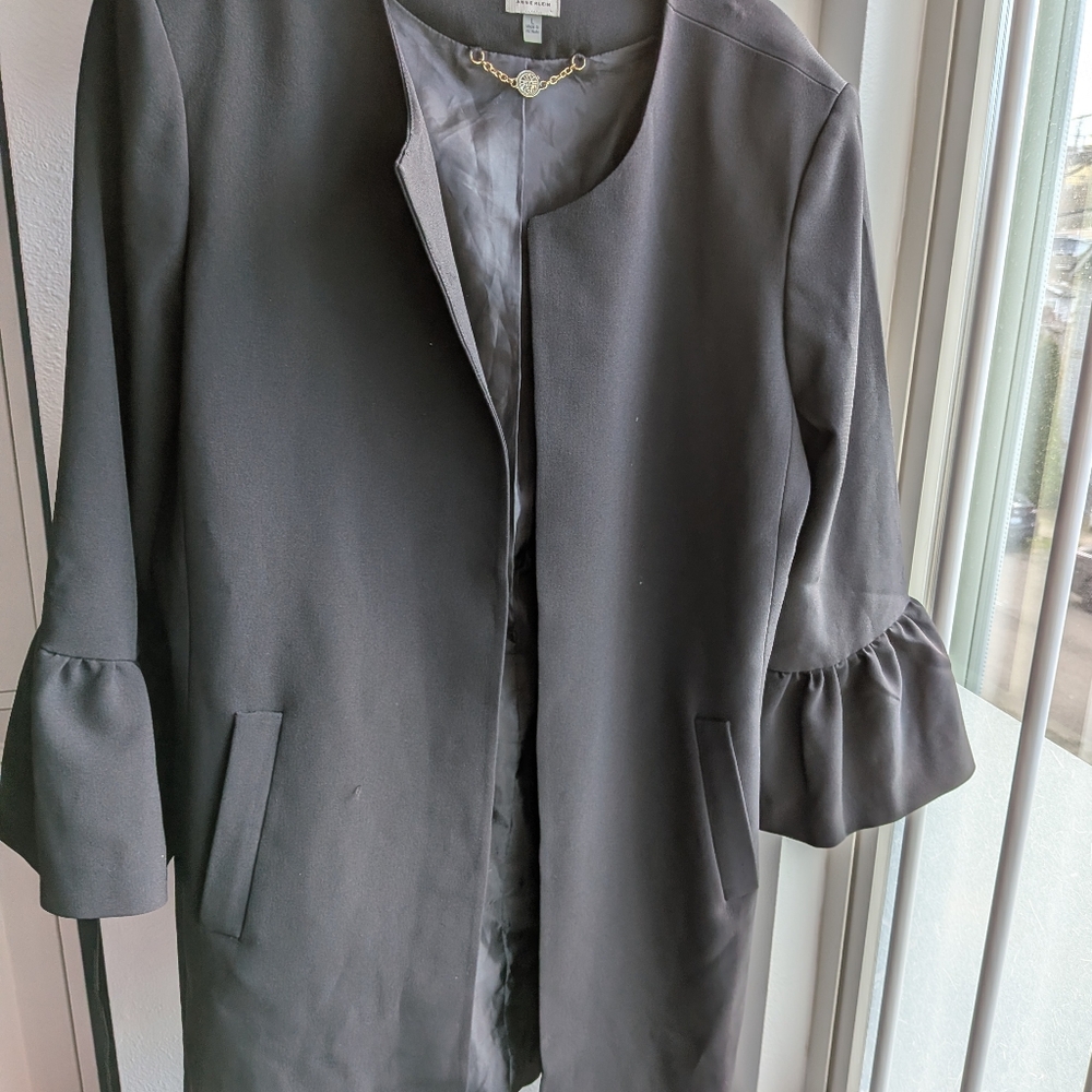 Anne Klein Black Open Front Blazer, Bell Sleeve Ruffle Jacket, Size L, Lion Logo